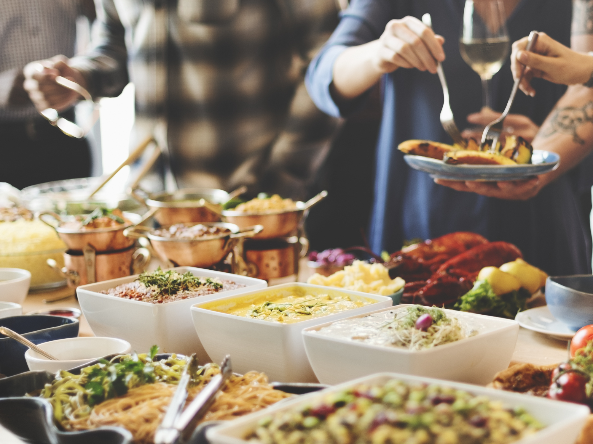 Freshly prepared hot buffet food for an event