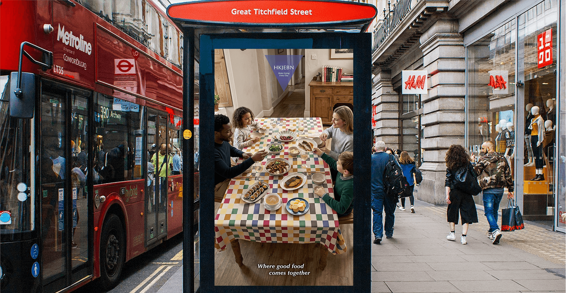 UK lifestyle food branding featuring a rainbow tartan tablecloth, diverse family dining scenes, Asian-inspired dishes, and integrated product applications including bags and containers
