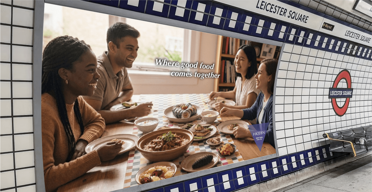 UK lifestyle food branding featuring a rainbow tartan tablecloth, diverse family dining scenes, Asian-inspired dishes, and integrated product applications including bags and containers