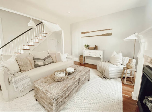 Living room and  stairwell painted with Benjamin Moore Wickham gray eggshell paint.
