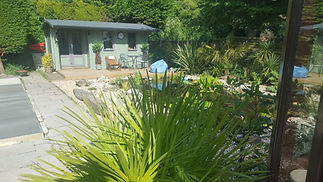 A garden scene with a small green shed