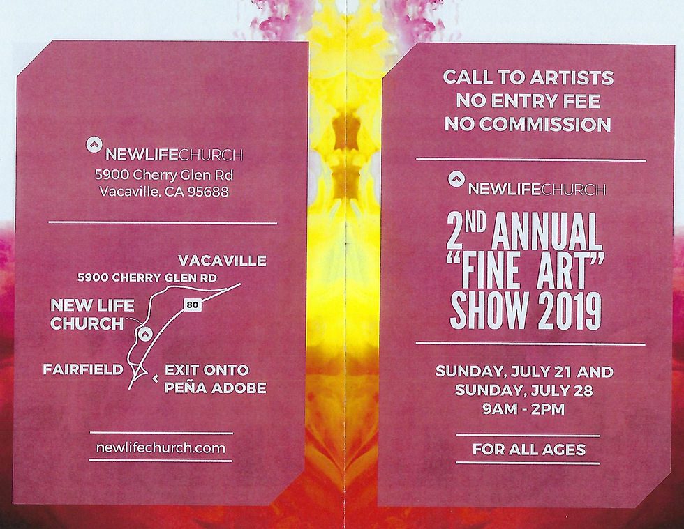 Location: New Life Church, Vacaville Dates: Sunday, Feb 18, 9am - 2pm Sunday, Feb 25, 9am - 2pm You Are Invited: Reception: Sunday, Feb 25, 1-3 pm Many of our FSVAA artists have submitted entries in this art show -- Come on out and support their work!