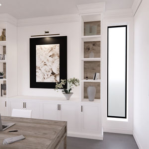 3d renderings, commercial office space, custom sample area, interior design office, white oak cabinetry, custom cabinetry, furniture store, custom offices