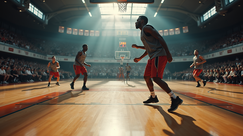 Wide angle view of a basketball court with players in motion