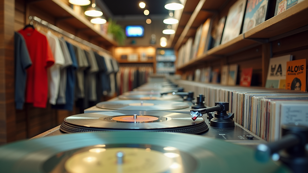 Eye-level view of a colorful display of vinyl records and trendy apparel in a boutique store