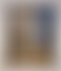 Painting of a young woman inside her room sitting on the floor in front of a bookshelve wearing a tiger faux fur coat