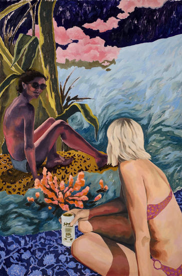 Painting of two women, one blond, one brunette, sunbathing and drinking beer in a beach surrounded by vegetation