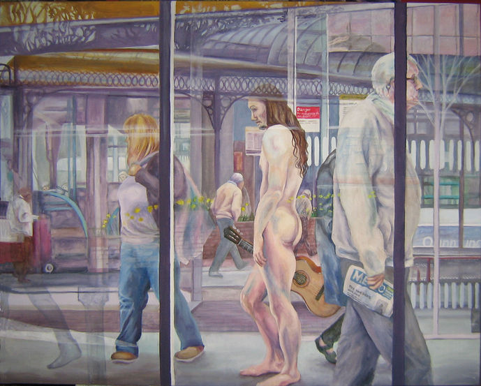 Painting of Apollo standing naked and disoriented in Bury bus station surrounded by human passerby