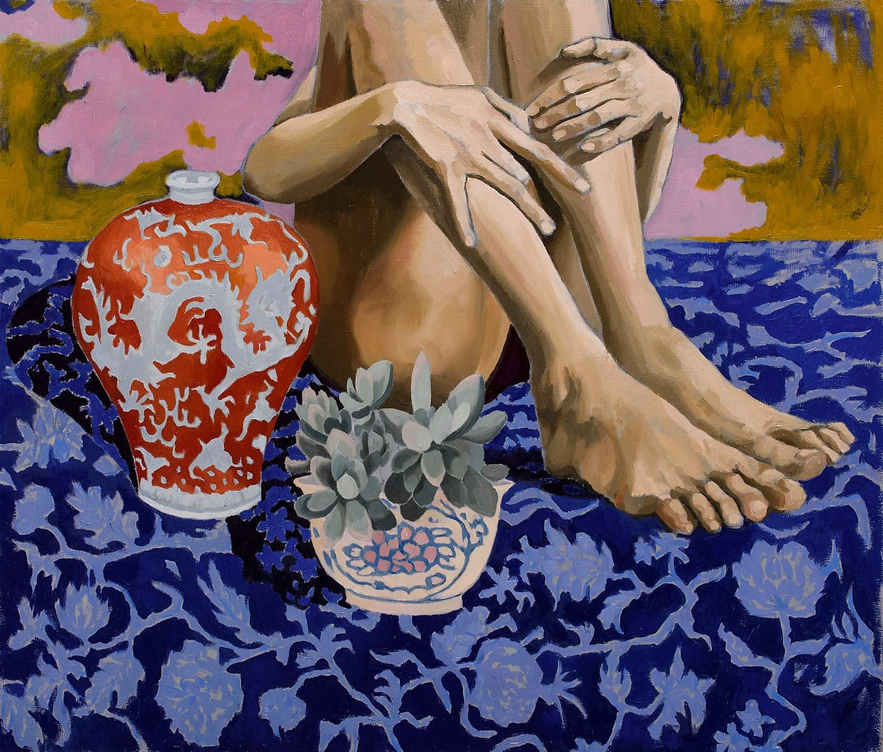 Painting of a woman sitting on a flower patterned blanket next to a chinese jar with red and white dragon motives and a small succulent plant