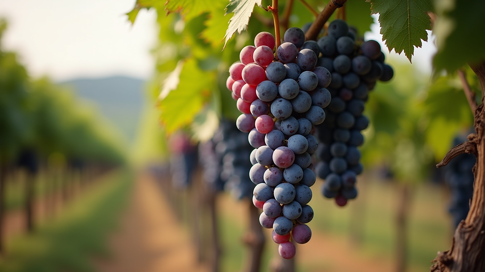 Close-up view of ripe grapes hanging on the vine in a Romagna vineyard