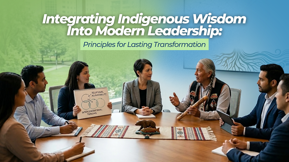 People sit around a table in a meeting. A woman holds a chart saying "Relational Accountability." Text: "Integrating Indigenous Wisdom."