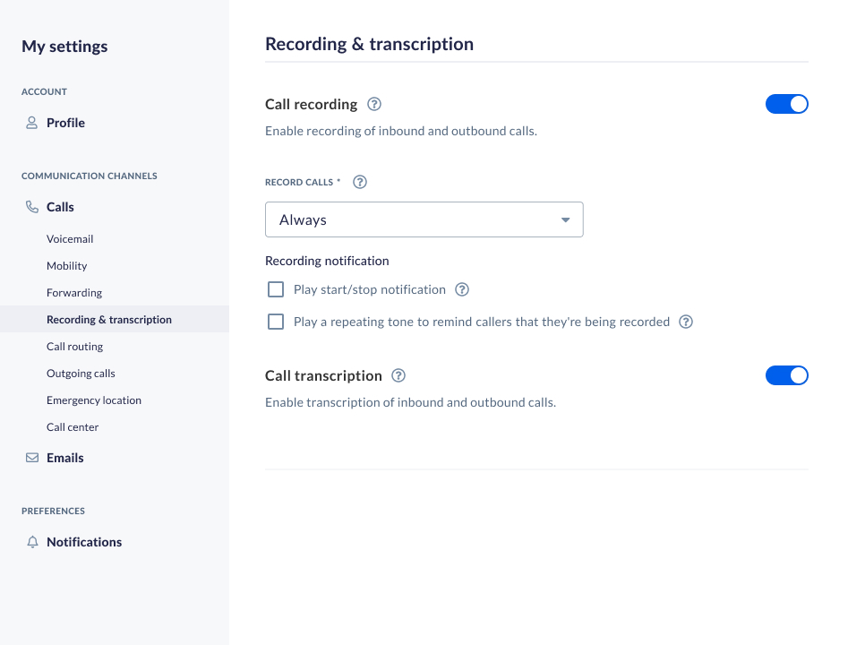 User settings