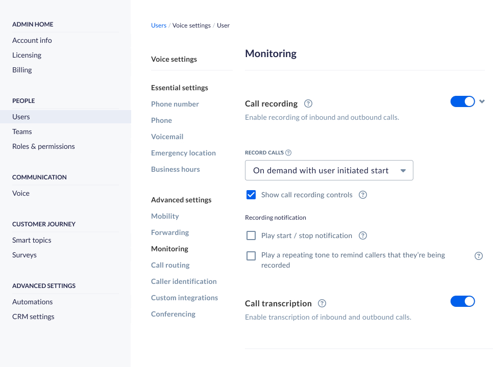 Admin Users – Monitoring + Call Recording