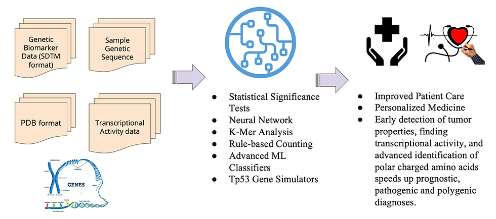 Analyzing genetic data such as biomarkers, transcriptional activity, and sequences using neural networks and machine learning enhances patient care through personalized medicine and early tumor detection.