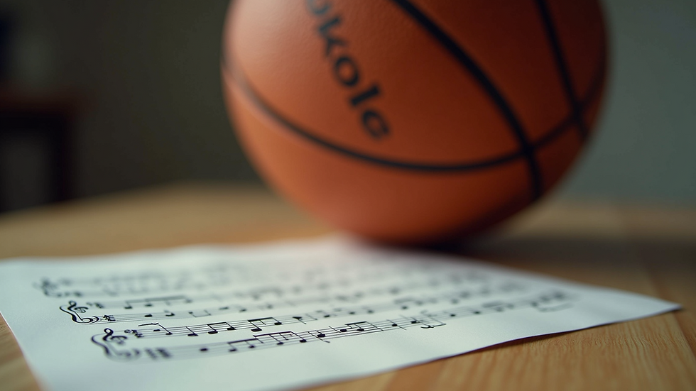 Close-up of a basketball and music notes on a table