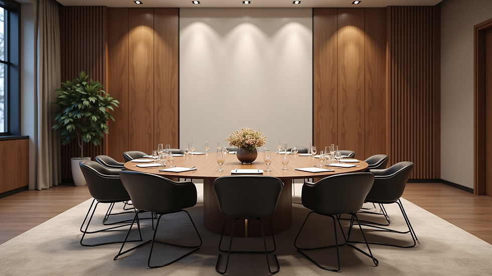 Eye-level view of a formal meeting room with a round table and chairs