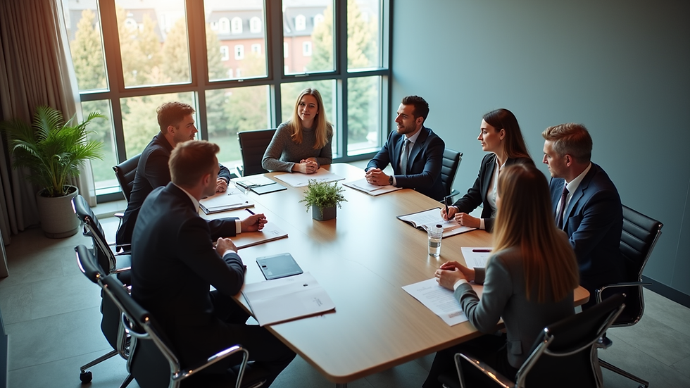 High angle view of a modern conference room with philanthropic advisors discussing strategy