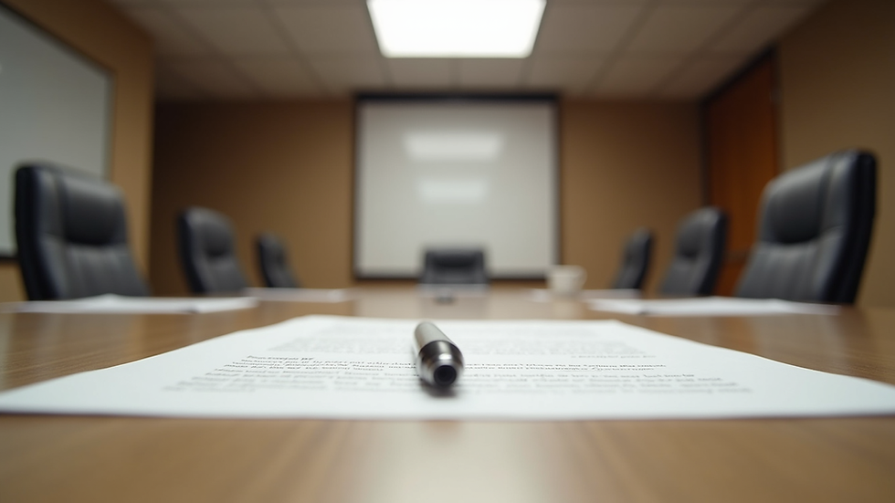 Eye-level view of a formal meeting room with documents and pens on the table