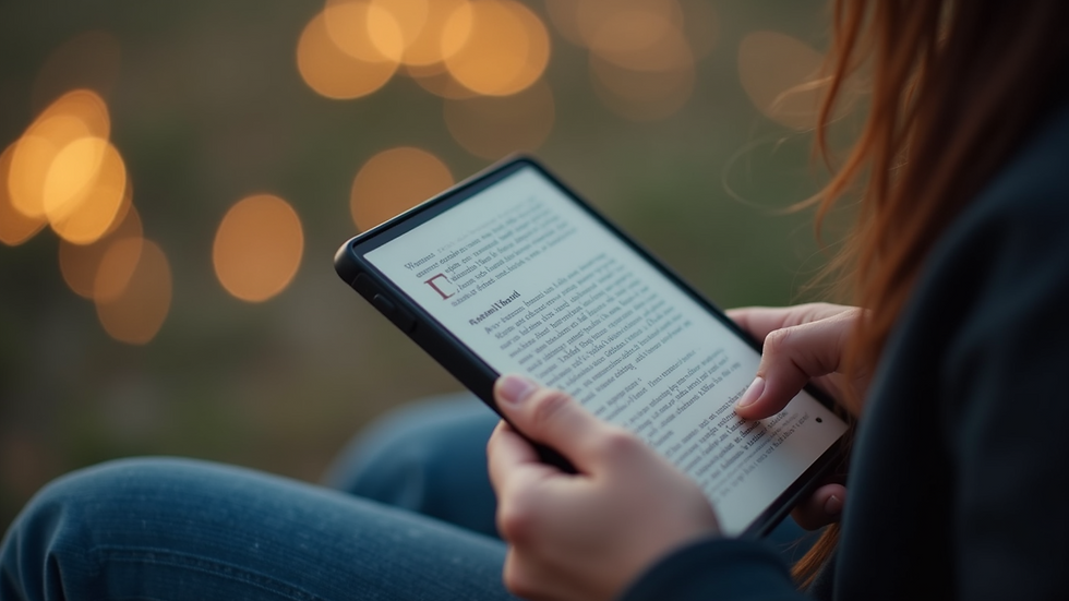 Close-up view of a person reading an e-book on a smartphone