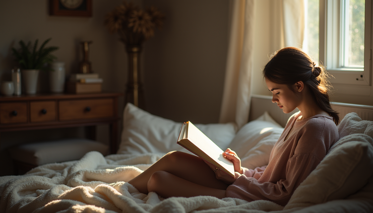 Eye-level view of a person reading a book in a cozy room filled with natural light