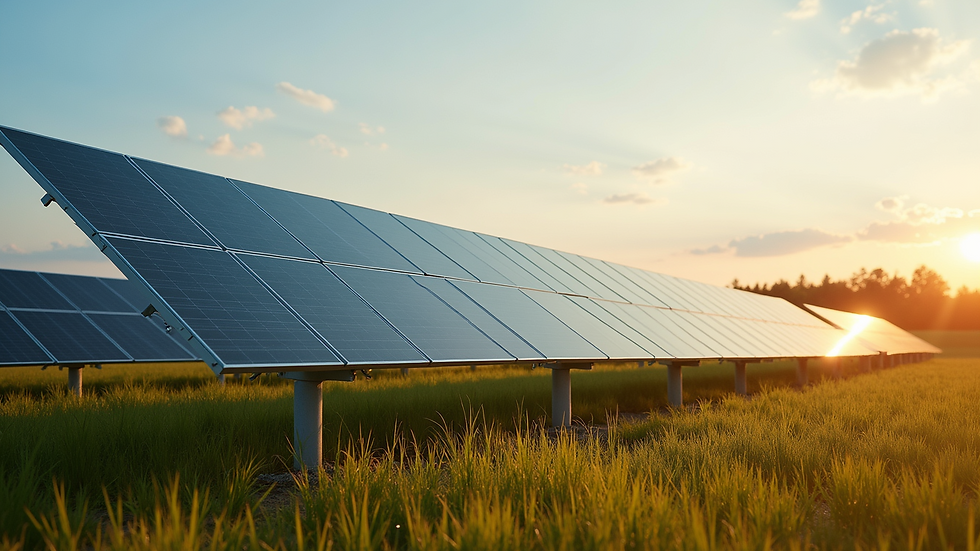 Wide angle view of solar panels in a rural field
