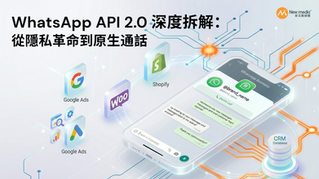 New iMedia 直擊 Meta WhatApp-ening 2.0 活動：WhatsApp API 2.0 數位行銷生態系示意圖，展示 WhatsApp Business 與 Shopify、WooCommerce、CRM 數據庫及 Google Ads 的深度整合佈局。