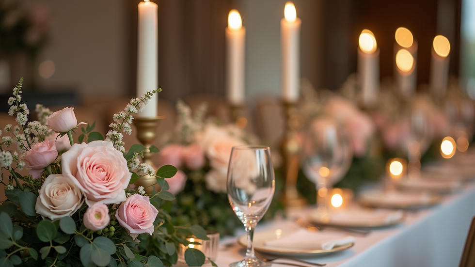 Close-up of a wedding table centerpiece with flowers and candles