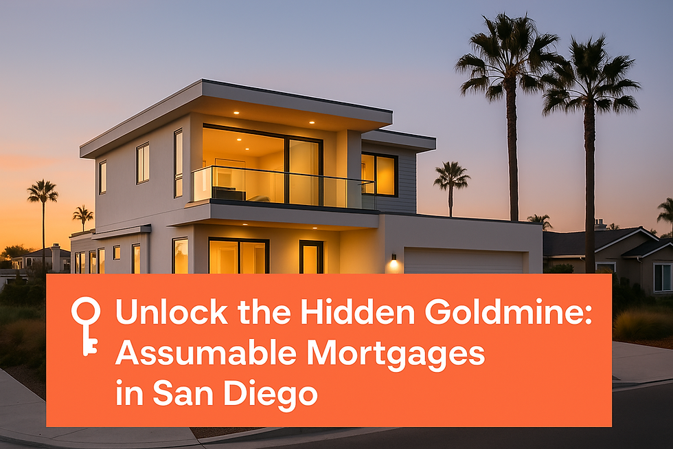 Modern coastal San Diego home at sunset with palm trees and an orange banner reading “Unlock the Hidden Goldmine: Assumable Mortgages in San Diego.”
