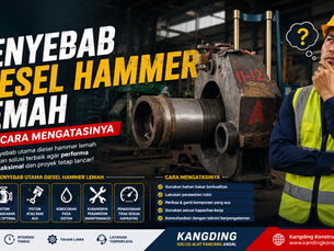Diesel hammer lemah saat proses perbaikan di workshop dengan teknisi konstruksi, menampilkan komponen pile hammer dan solusi penyebab diesel hammer tidak bertenaga