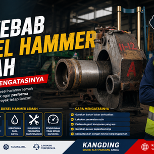 Diesel hammer lemah saat proses perbaikan di workshop dengan teknisi konstruksi, menampilkan komponen pile hammer dan solusi penyebab diesel hammer tidak bertenaga