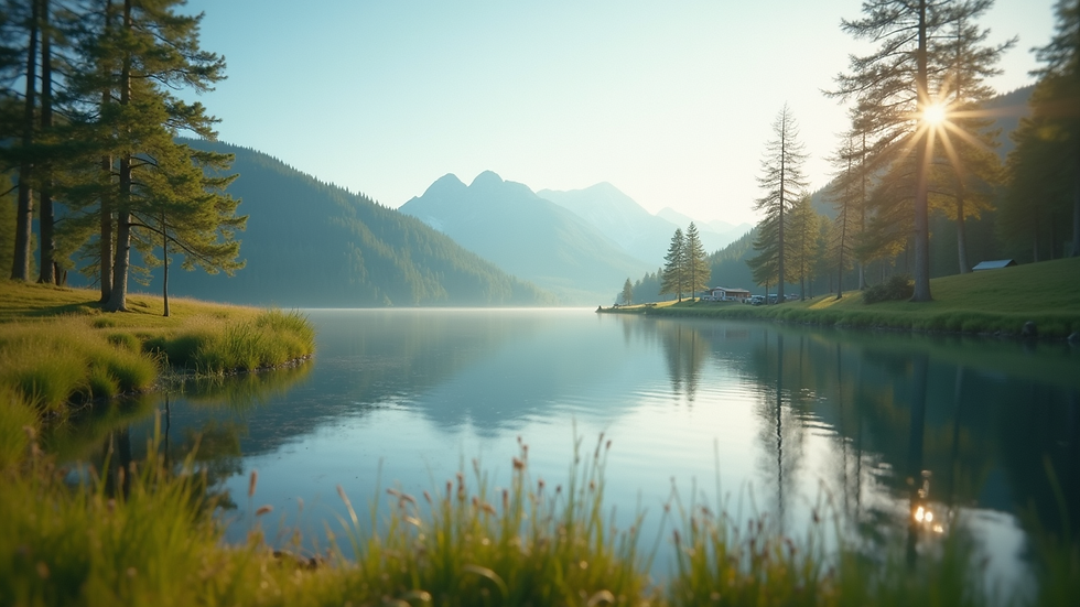 Eye-level view of a serene nature scene with a calm lake