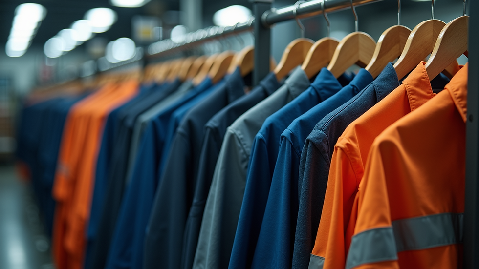 Eye-level view of a rack with various durable work uniforms