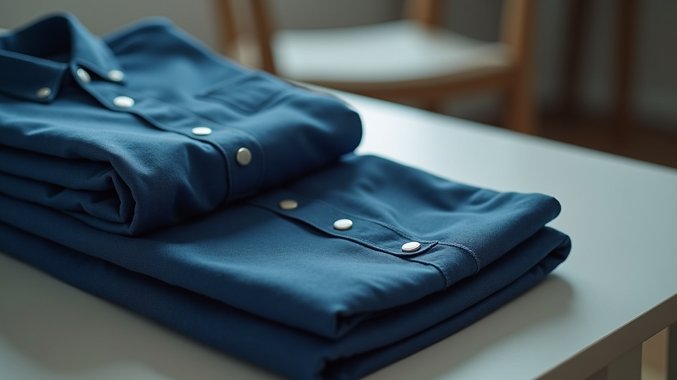 High angle view of folded workwear uniforms on a table