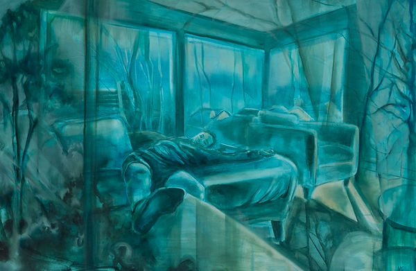 an original oil painting by Nicola Gilmore depicting a teenage boy sitting quietly on a sofa in a domestic interior. The pain