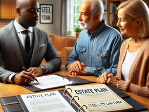 A professional advisor reviews estate planning documents with an elderly couple at a home office table, with labeled binders titled "Estate Plan" and "Steel City Law Firm" clearly visible.