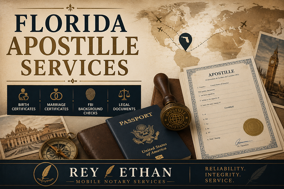 Florida apostille services for birth certificates, marriage certificates, FBI background checks, legal documents, and international document authentication.