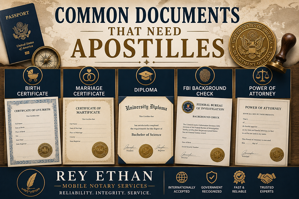 Documents commonly requiring apostille services such as birth certificates, marriage certificates, diplomas, FBI background checks, and power of attorney documents.