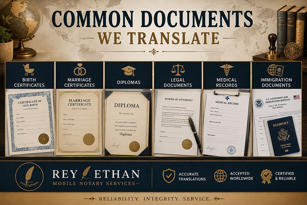 Common documents translated by professional translation services including diplomas, birth certificates, marriage certificates, medical records, legal paperwork, and immigration documents.