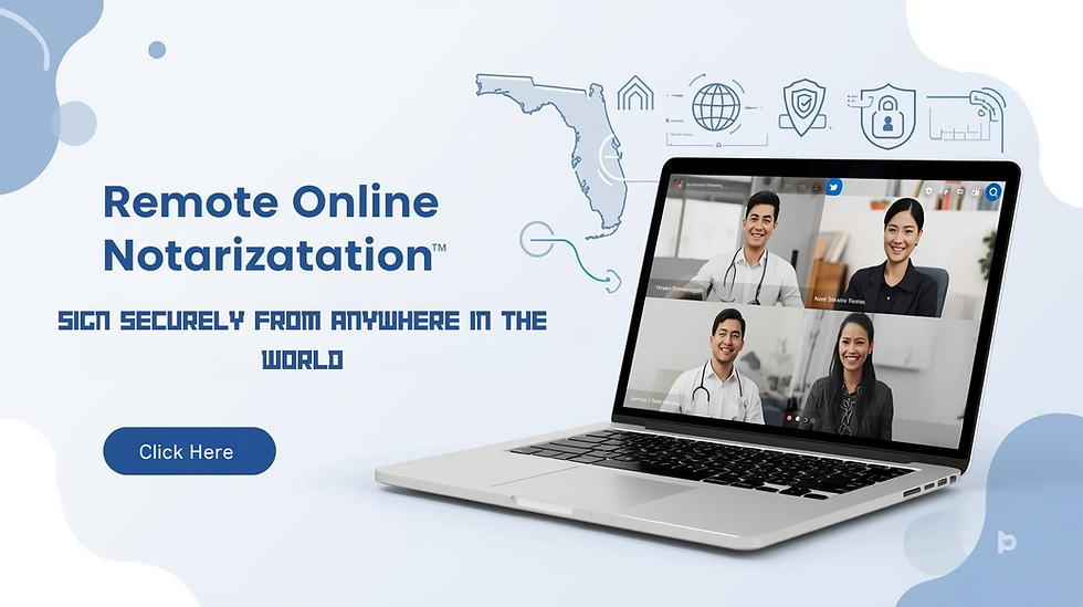 Remote Online Notarization in Florida featuring a laptop with a live video notarization session, globe for worldwide access, digital signature technology, and secure online document signing.