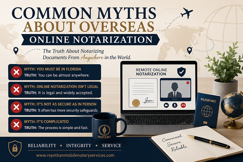 A remote online notarization setup with a laptop, passport, globe, and notary materials, illustrating common myths and truths about notarizing documents from overseas and highlighting Rey Ethan Mobile Notary’s secure, legal, and convenient RON services for global clients.