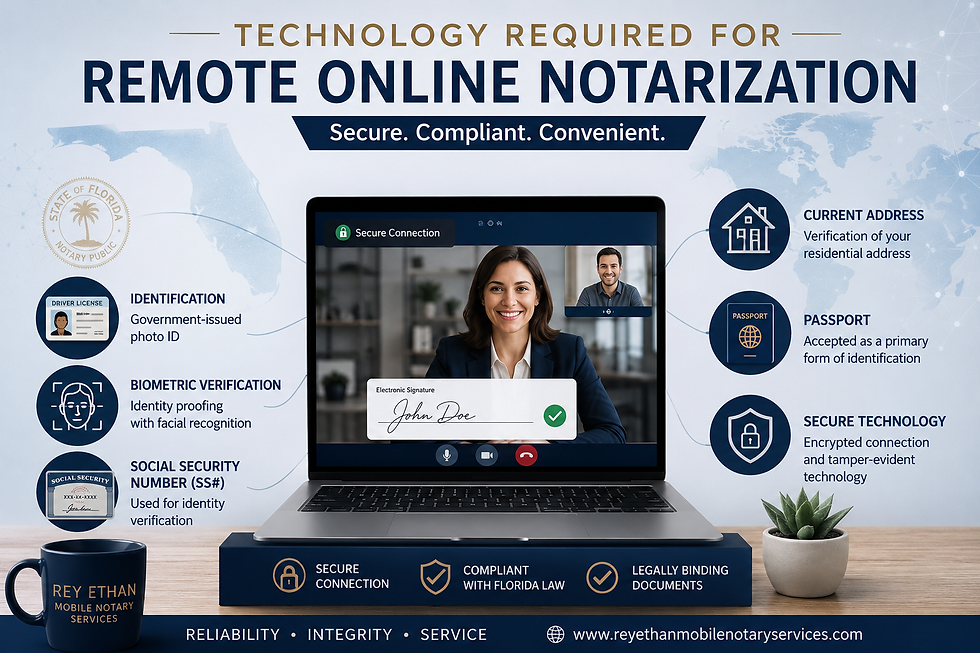 Infographic showing the technology required for Remote Online Notarization in Florida, including identity verification, biometric screening, Social Security number verification, passport validation, secure video conferencing, digital signatures, and encrypted online notarization technology.