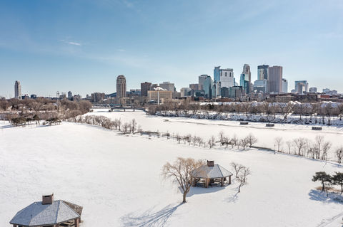Boom Island and Minneapolis Skyline Drone Shot