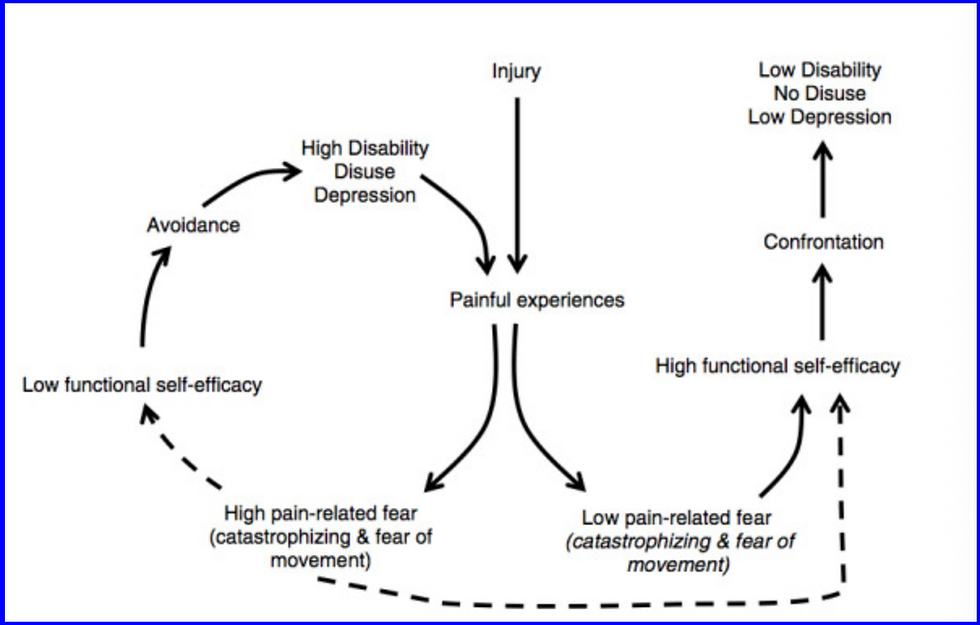 (Self‐efficacy mediates the relation between pain‐related fear and outcome in low back pain patients)