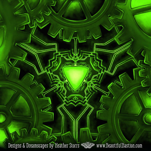green glowing triangle mandala with gears