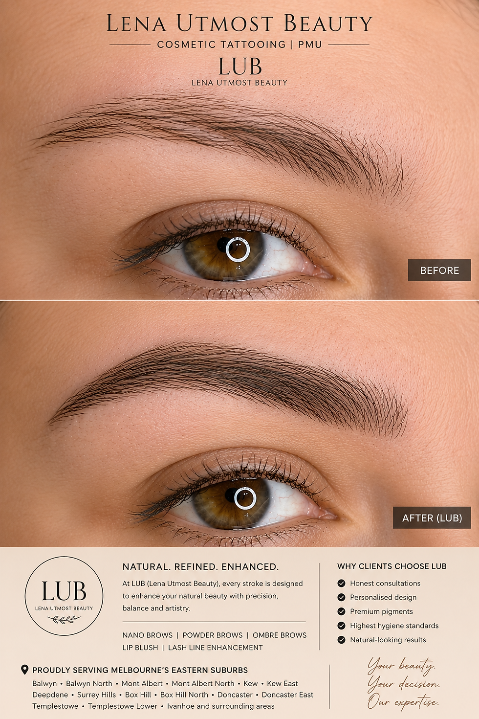Nano Brows before and after by Lena Utmost Beauty, cosmetic tattooing clinic serving Balwyn, Doncaster, Mont Albert, Box Hill and Melbourne's Eastern Suburbs.