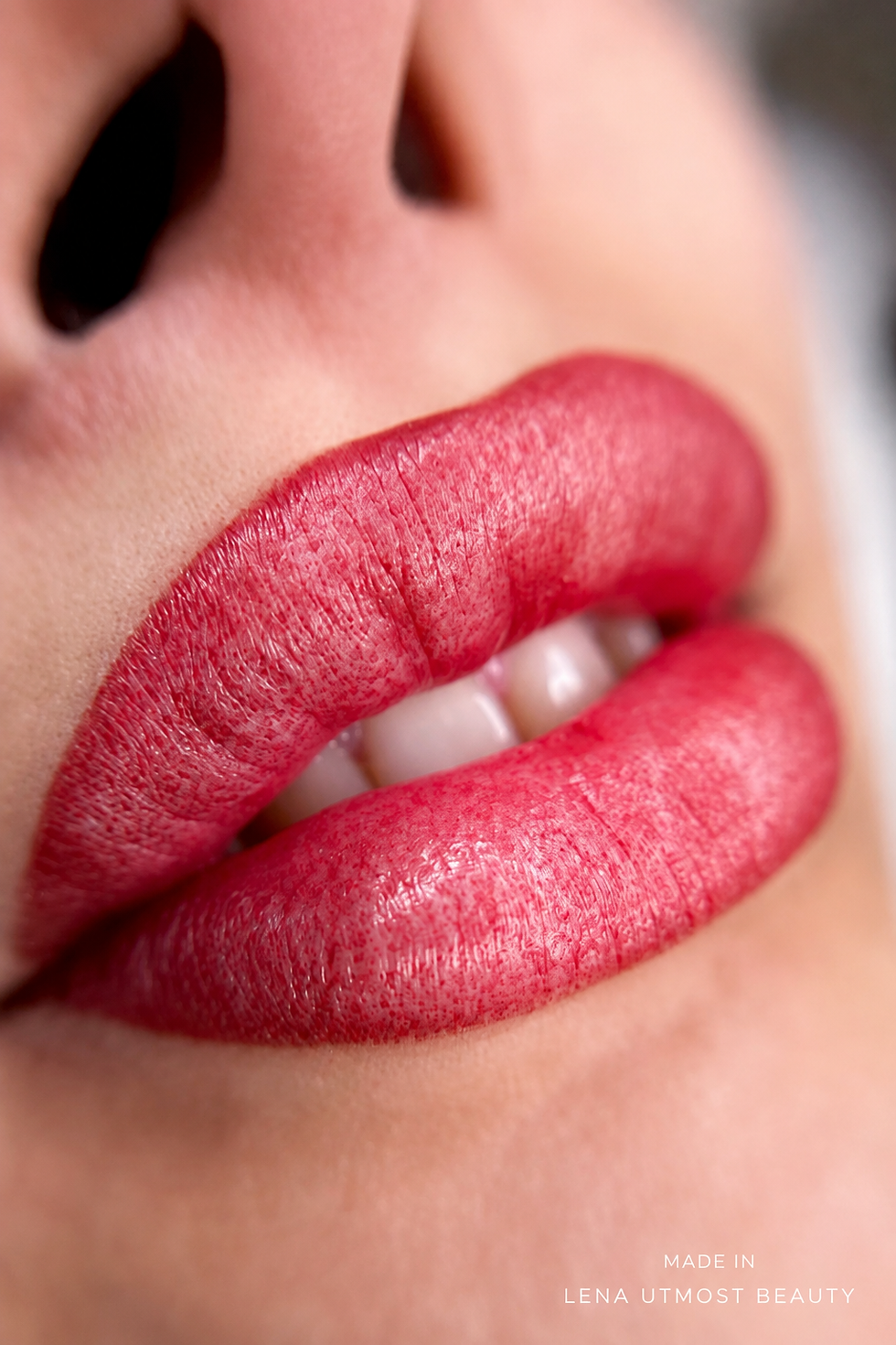 Lip Blush in Surrey Hills by Lena Utmost Beauty, showing freshly treated lips with soft pink-red colour after cosmetic tattooing.