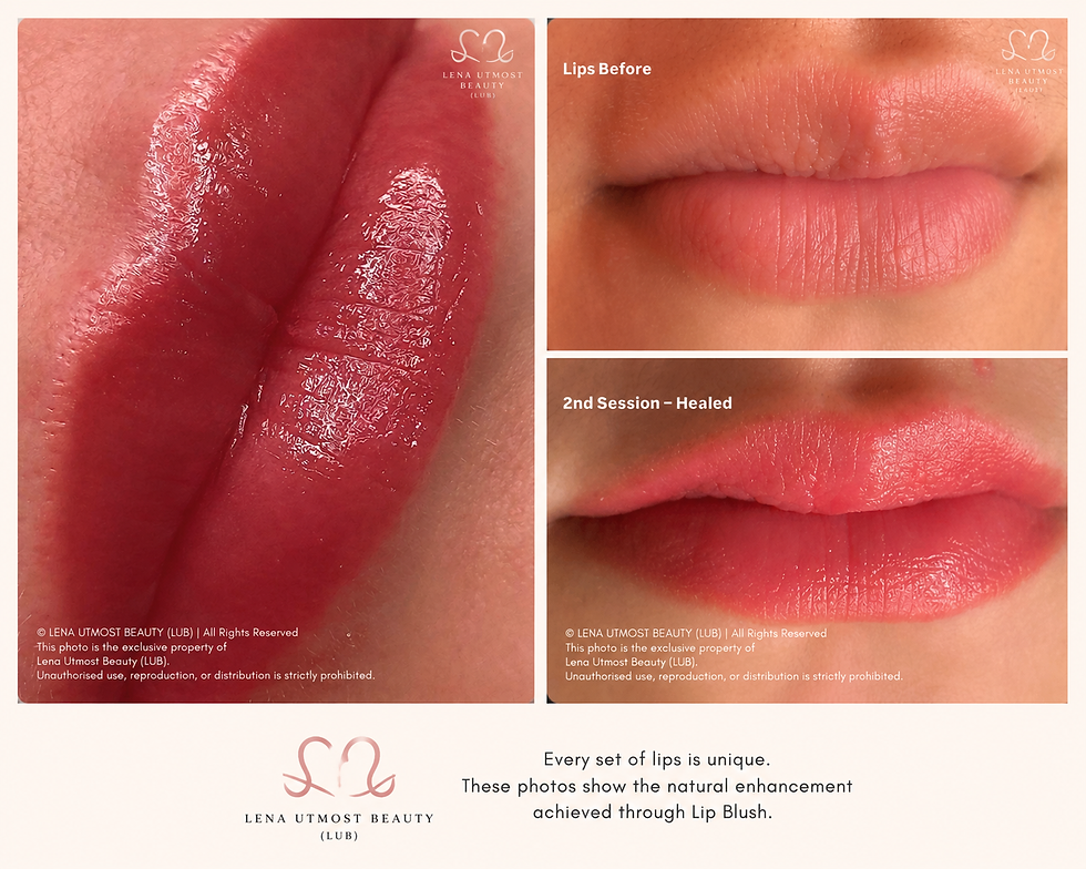 Lip Blush before and after results by Lena Utmost Beauty in Balwyn, Melbourne, showing healed semi-permanent cosmetic tattoo treatment.