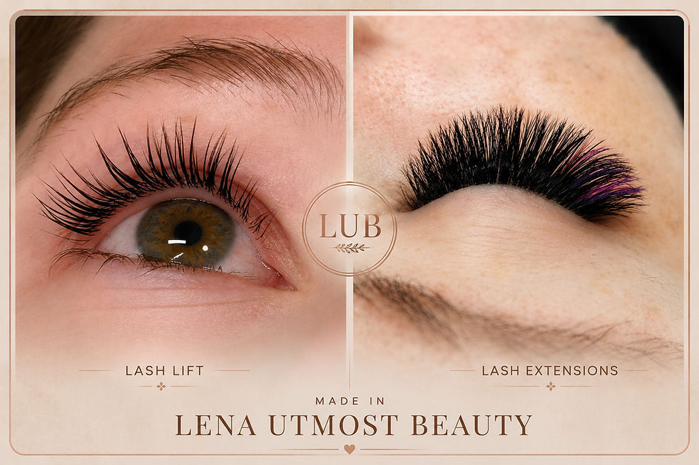 Comparison of professional lash lift and eyelash extensions by Lena Utmost Beauty for clients in Balwyn, Doncaster, Mont Albert and surrounding Melbourne suburbs.