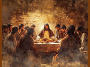 A group of 13 men sits at a table with bread and cups, in a dimly lit, earthy-toned room. Central figure has a calm, solemn expression.