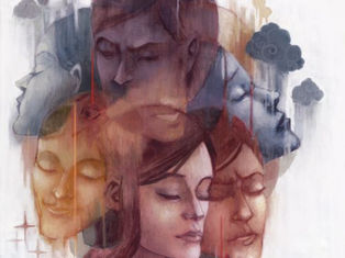 Abstract painting of multiple faces with closed eyes, overlapping in warm tones. Gray clouds in background suggest introspection.